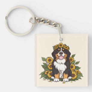 Süßer Berner Sennenhund mit Sonnenblumenkrone Schlüsselanhänger
