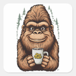 Süßer Bigfoot trinkt Kaffee Lustiger Sasquatch Quadratischer Aufkleber