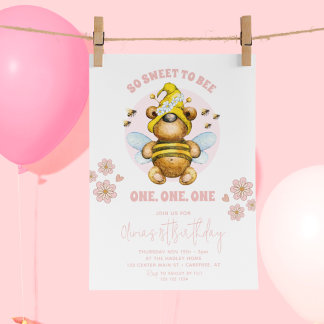 Süßer bis rosa Honigbär 1. Geburtstag Einladung