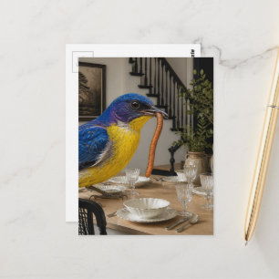 Süßer Blaue Vogel im Esszimmer Surrealer Collage Postkarte