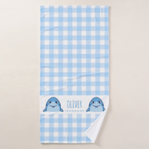 Süßer blauer Babyhai Gingham Name Geburt Badehandtuch