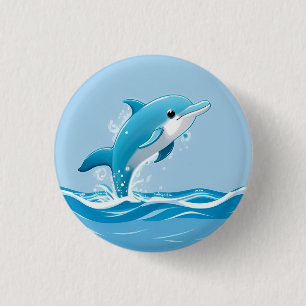 Süßer blauer Delfin spielt glücklich im Wasser Button