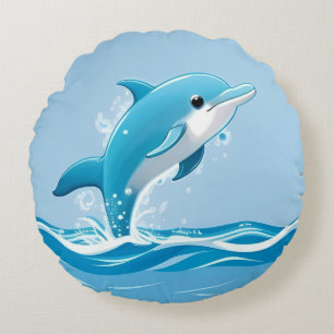 Süßer blauer Delfin spielt glücklich im Wasser Rundes Kissen