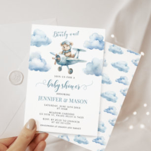 Süßer blauer Flugzeug-Teddybär-Baby-Junge-Shower Einladung