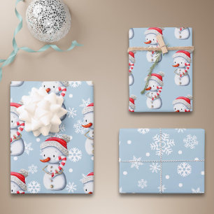 Süßer blauer Schneemann Schneeflocken Weihnachten Geschenkpapier Set