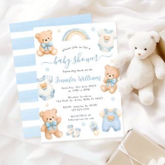 Süßer blauer Teddybär Boho Baby Boy Shower Einladung
