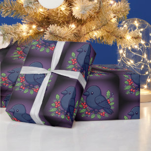 Süßer blauer Vogel lila Stechpalme Weihnachten Geschenkpapier