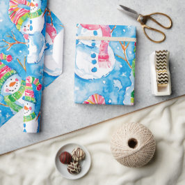 Süßer blauer Weihnachts-Wasserfarben-Schneemann Geschenkpapier