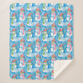 Süßer blauer Weihnachts-Wasserfarben-Schneemann Sherpadecke