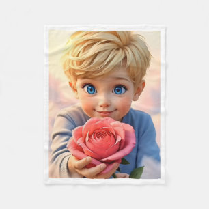 Süßer blonder Junge hält rosa Rosen-Fleece-Decke Fleecedecke