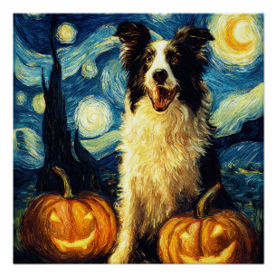 Süßer Border Collie Hund Halloween Jack O Lantern Poster