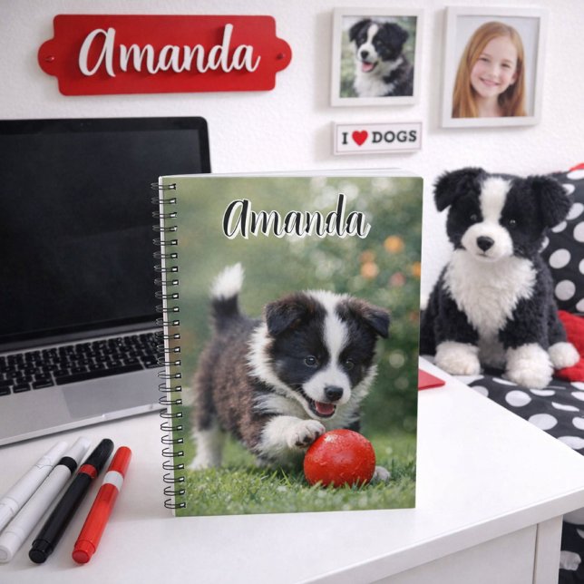 Süßer Border Collie mit rotem Ball  Notizblock (Cute Border Collie dog notebook for kids that love dogs. Add name or other text. )