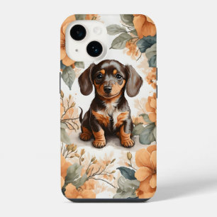 Süßer brauner Dachshund-Welpe Pfirsich-Blumenmuste iPhone 14 Hülle