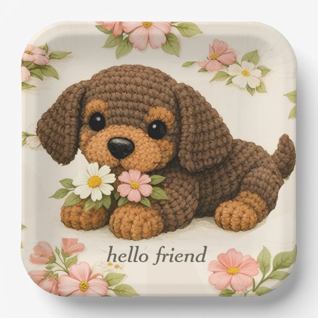 Süßer brauner Welpe Floral  Pappteller (Vorderseite)