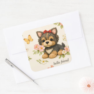 Süßer brauner Welpe Floral Schmetterling Sticker 