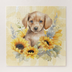 Süßer brauner Welpe Gelbe Sonnenblume Aquarell