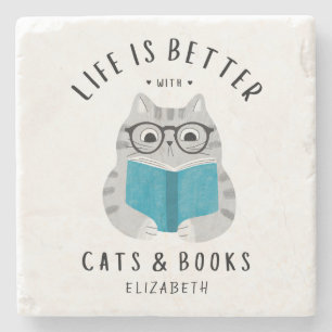 Süßer Buchliebhaber-Katz lesendes Buch Custom Steinuntersetzer