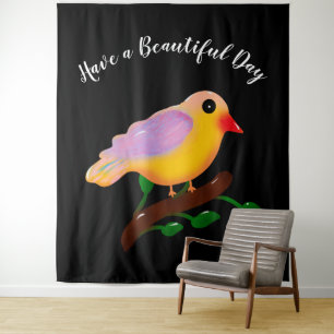 Süßer bunter Vogel auf einem Ast   Handgezeichnete Wandteppich