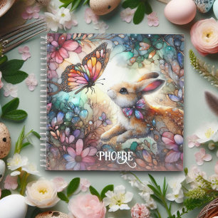 Süßer Buntglas-Hase mit Blumen Rosa Name Notizbuch