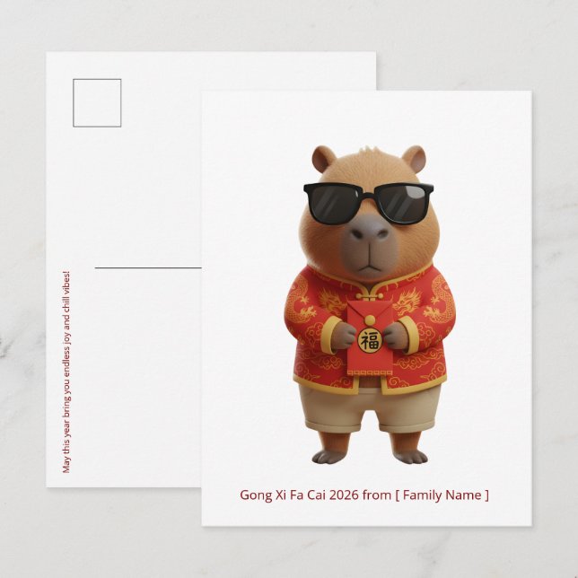 Süßer Capybara Chinesisches Neujahr 2026 Benutzerd Postkarte (Vorne/Hinten)