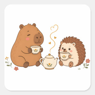 Süßer Capybara-Igel-Teezeit-Freunde-Aufkleber Quadratischer Aufkleber