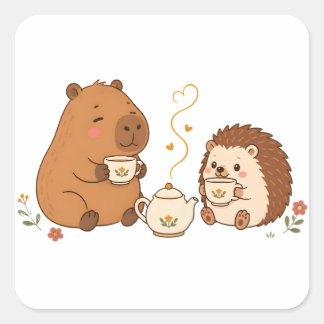 Süßer Capybara-Igel-Teezeit-Freunde-Aufkleber Quadratischer Aufkleber