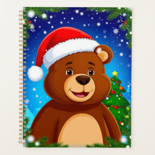 Süßer Cartoon-Bär in Santa-Mütze mit Weihnachtsbau Planer