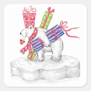 Süßer Cartoon-Eisbär mit Weihnachtsgeschenken Quadratischer Aufkleber