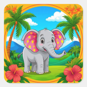 🐘 Süßer Cartoon-Elefant Dschungeltier Quadratischer Aufkleber