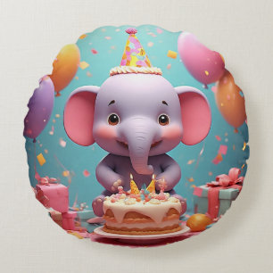 Süßer Cartoon-Elefant feiert Geburtstag Rundes Kissen