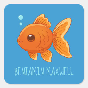 Süßer Cartoon-Goldfisch auf Blau mit individuellem Quadratischer Aufkleber
