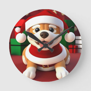 Süßer Cartoon-Hund im Santa-Outfit  Runde Wanduhr