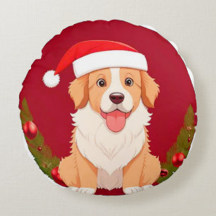 Süßer Cartoon-Hund mit Weihnachtsmannmütze Rundes Kissen