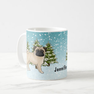Süßer Cartoon-Hund Reh-Pug im schneebedeckten Wint Kaffeetasse