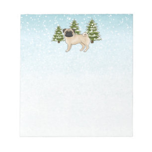 Süßer Cartoon-Hund Reh-Pug im schneebedeckten Wint Notizblock