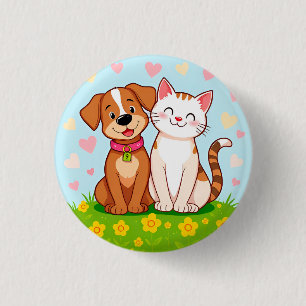 Süßer Cartoon-Hund und Katze sitzen zusammen Button