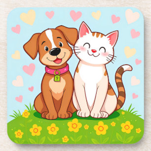 Süßer Cartoon-Hund und -Katze sitzen zusammen Getränkeuntersetzer