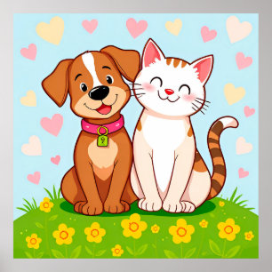Süßer Cartoon-Hund und -Katze sitzen zusammen Poster