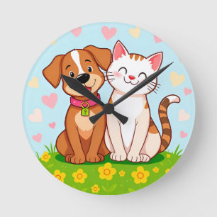 Süßer Cartoon-Hund und -Katze sitzen zusammen Runde Wanduhr