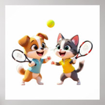 Süßer Cartoon-Hund und -Katze spielen Padel-Tennis