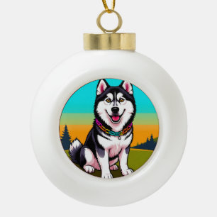 Süßer Cartoon-Husky-Hund mit Halsband Keramik Kugel-Ornament