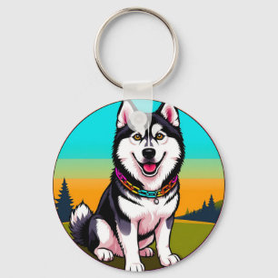 Süßer Cartoon-Husky-Hund mit Halsband Schlüsselanhänger