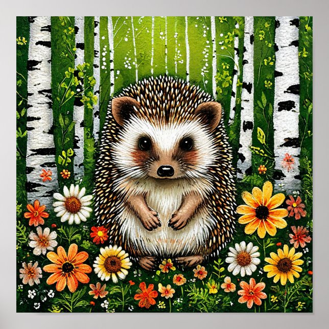 Süßer Cartoon-Igel im Birkenwald Poster (Vorne)