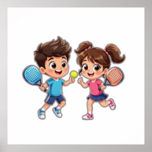 Süßer Cartoon-Junge und -Mädchen spielen Padel-Ten Poster