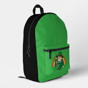 Süßer Cartoon-Leprechaun mit Kleeblatt und Regenbo Bedruckter Rucksack