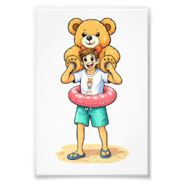 Süßer Cartoon-Mann mit riesigem Teddybär Sommer-Sp Fotodruck