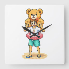 Süßer Cartoon-Mann mit riesigem Teddybär Sommer-Sp Quadratische Wanduhr