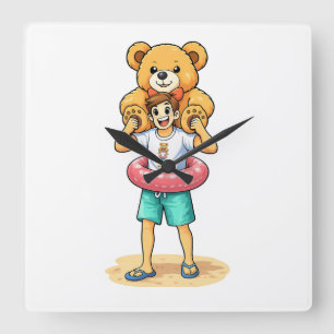 Süßer Cartoon-Mann mit riesigem Teddybär Sommer-Sp Quadratische Wanduhr