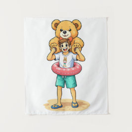 Süßer Cartoon-Mann mit riesigem Teddybär Sommer-Sp Wandteppich