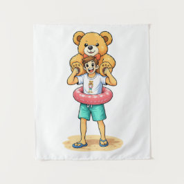 Süßer Cartoon-Mann mit riesigem Teddybären Sommer- Wandteppich